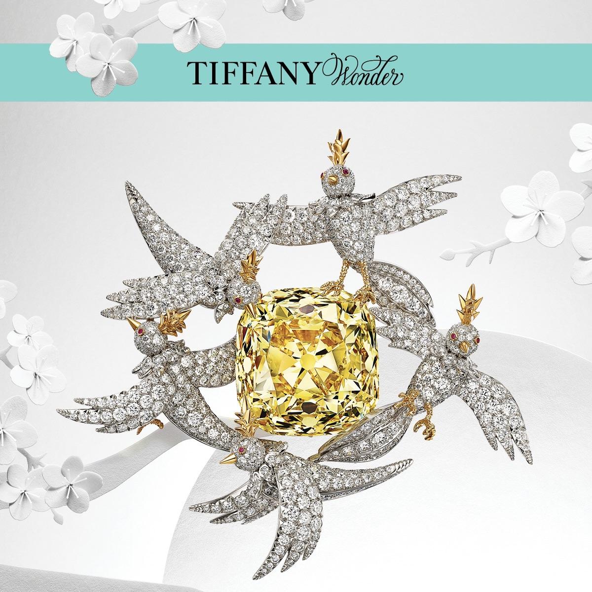 The Tiffany Diamond Gold, platinum, diamonds, pink sapphires 1878 (The Tiffany Diamond); 2022 (setting)